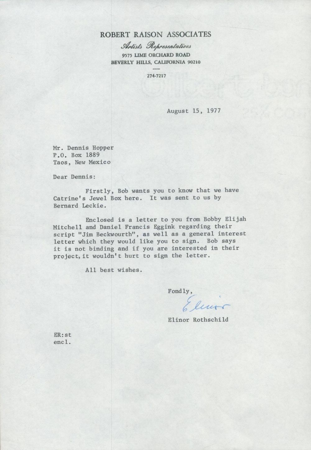 Lot 629: Dennis Hopper owned TLS from Elinor Rothschild to...