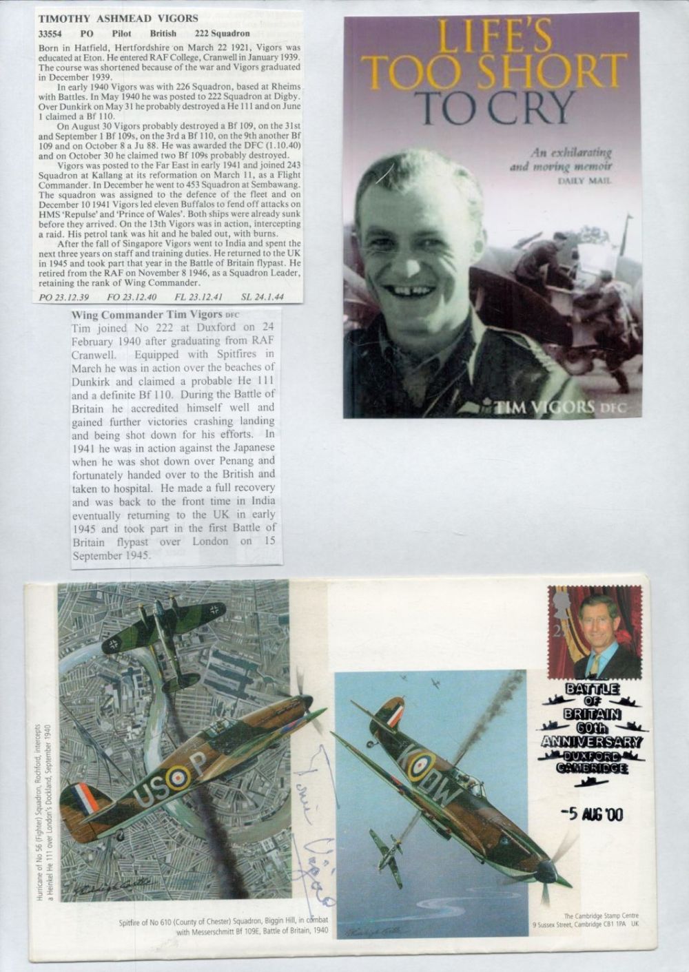 Lot 5: WW2 BOB fighter pilot Tim Vigors 222 sqn...