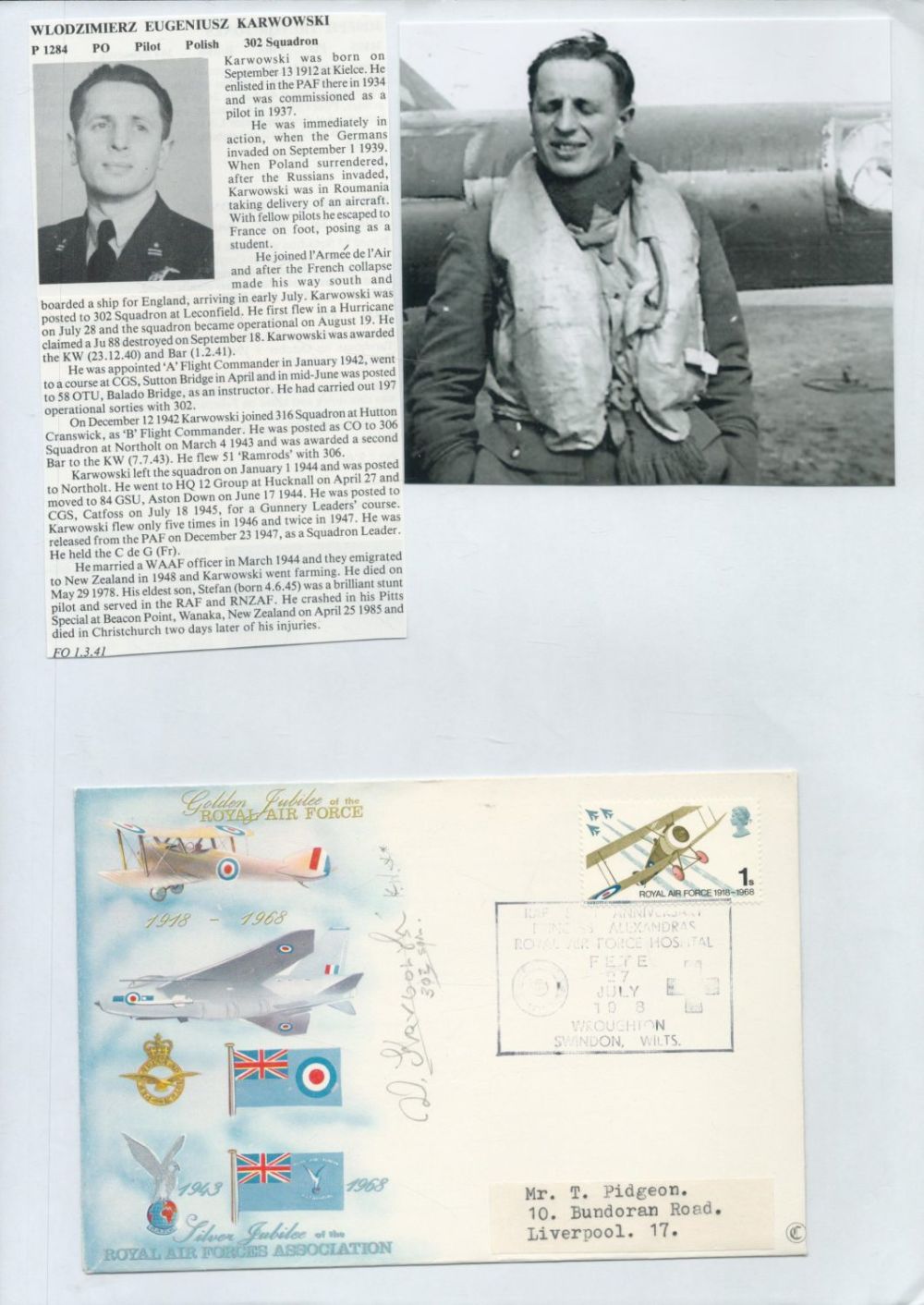 Lot 178: WW2 BOB fighter pilot Jan Kowalski 303 sqn...