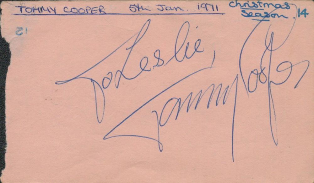 Lot 158: Tommy Cooper signed Autograph page Approx. 5.5x3.25 Inch....