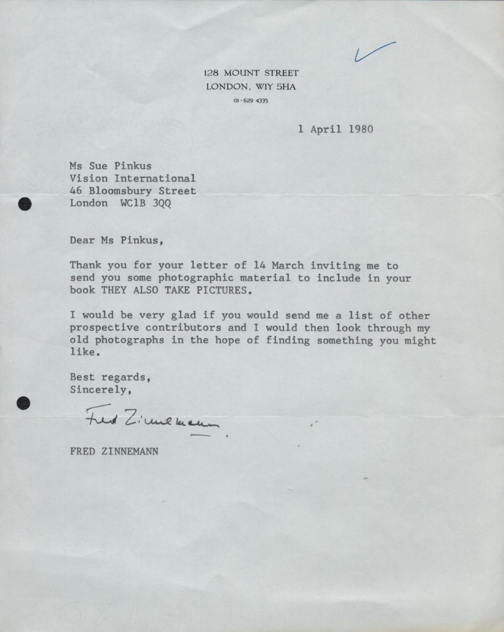 Lot 200: Fred Zinneman TLS dated 1/4/80 on his headed...