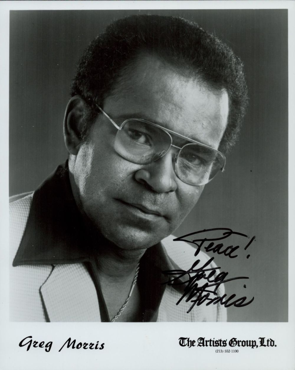 Lot 204: Greg Morris signed 10x8inch black and white photo....