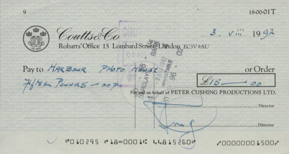 Lot 215: Peter Cushing - a Coutts and Co cheque...
