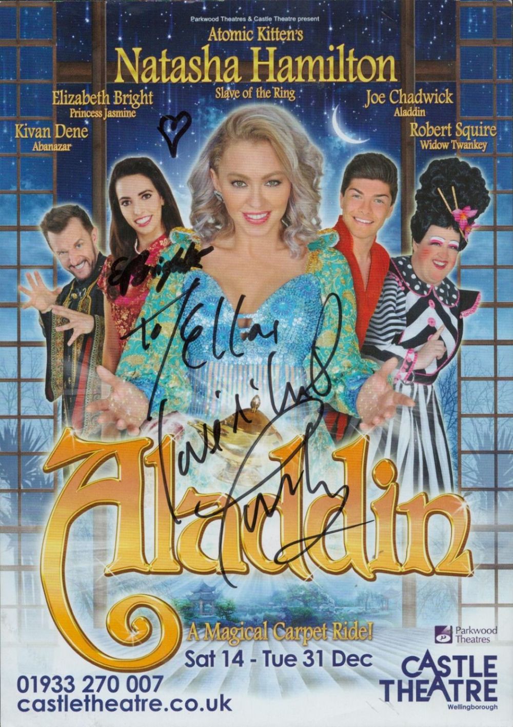 Lot 320: Natasha Hamilton signed theatre flyer. 'Aladdin'. Dedicated. Good...