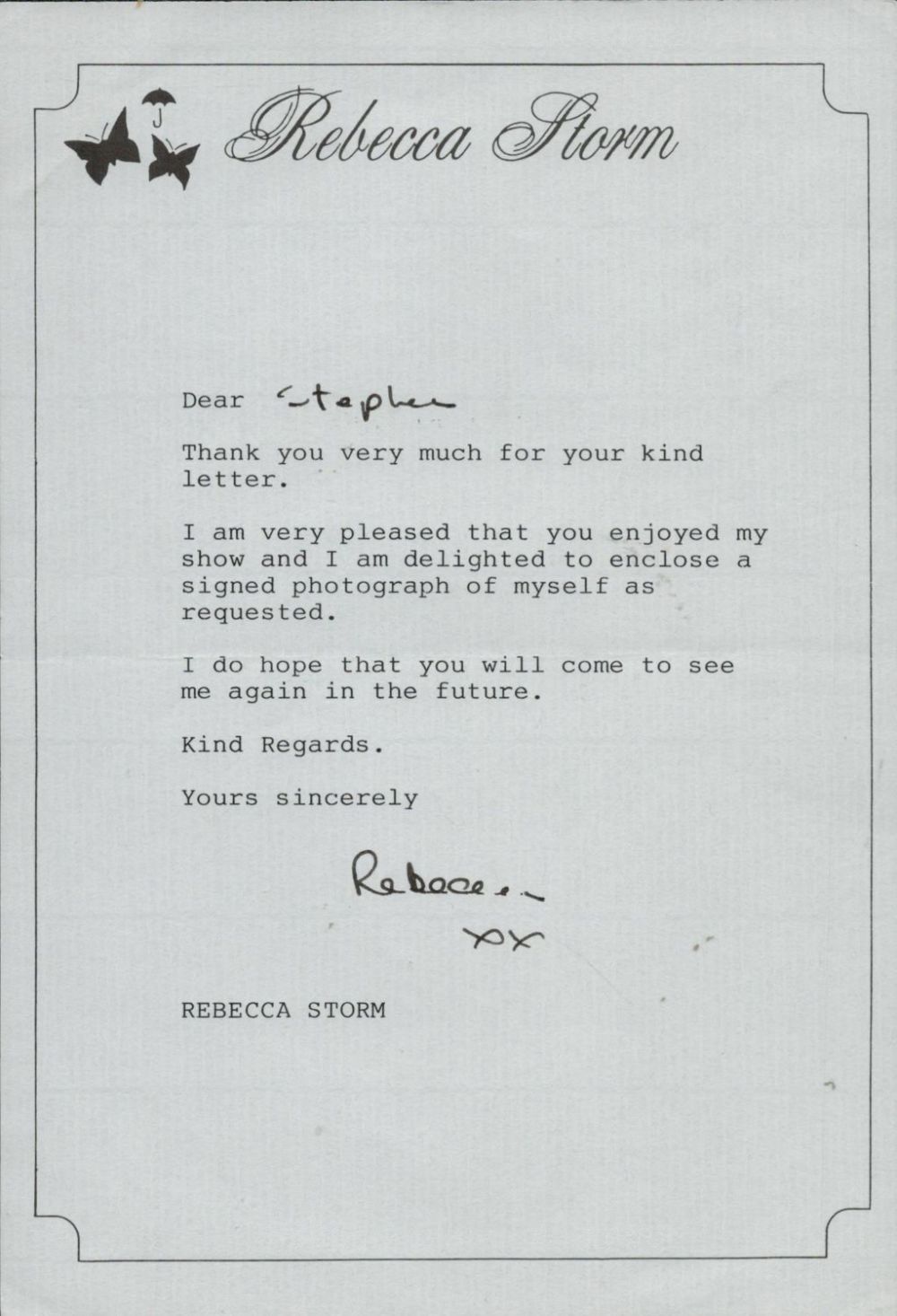 Lot 635: Rebecca Storm signed TLS Header Rebecca Storm Thank...