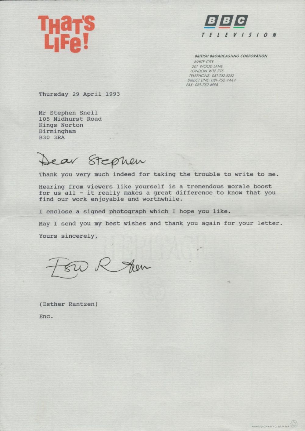 Lot 636: Esther Rantzen signed TLS Header BBC Television Thank...