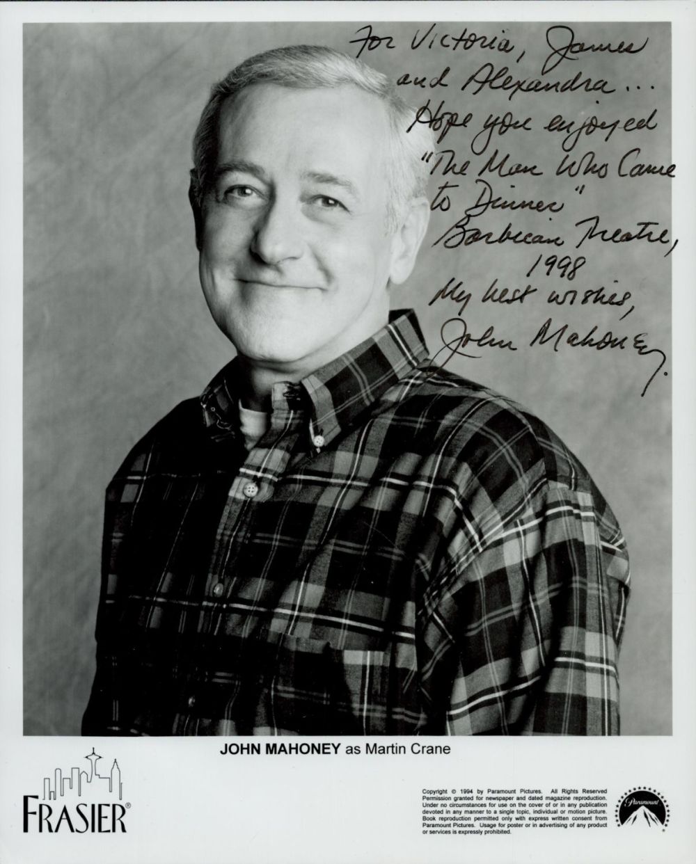 Lot 697: John Mahoney signed 10x8inch black and white photo....