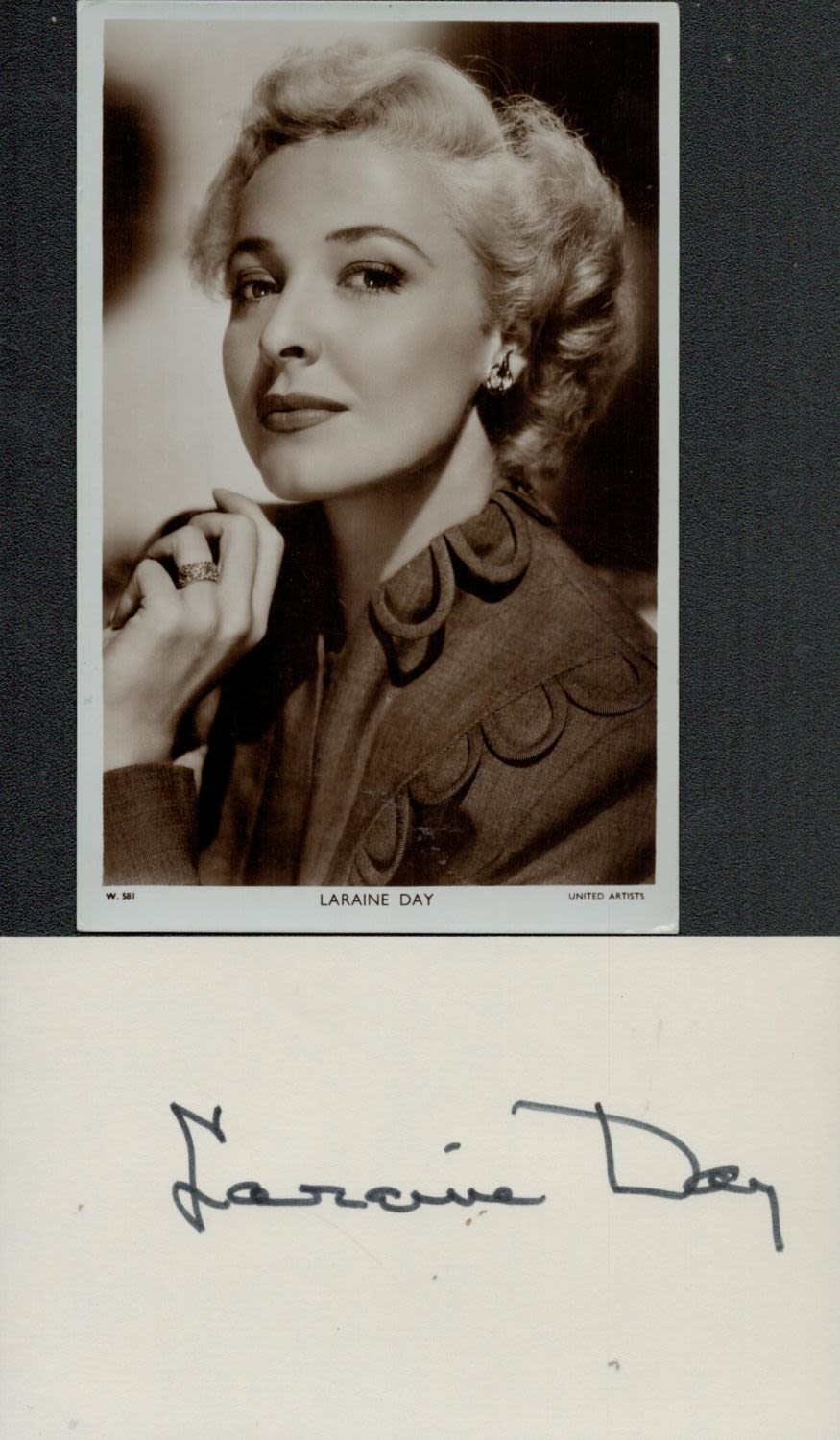 Lot 714: Laraine Day signed 6x3inch card. Good condition. All...