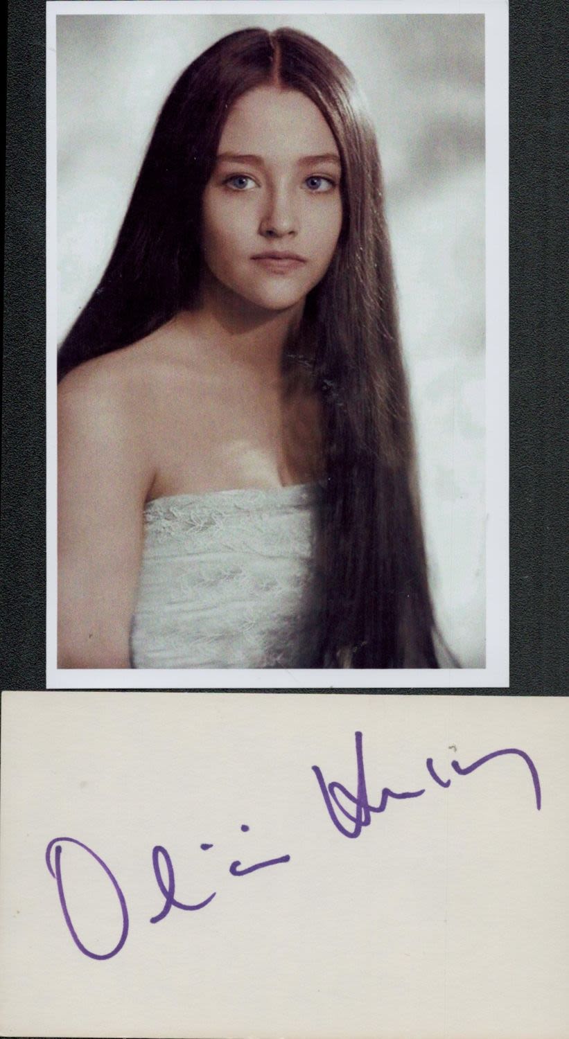 Lot 725: Olivia Hussey signed 5x3inch card with unsigned photo....