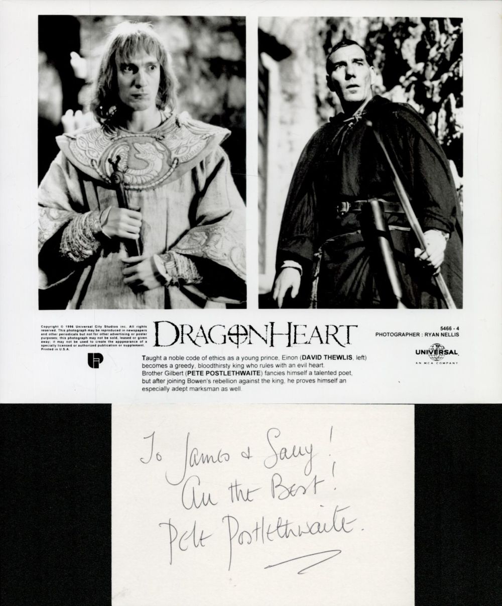 Lot 107: Pete Postlethwaite signed 6x4 inch white card dedicated...
