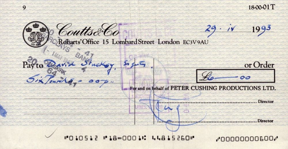 Lot 137: Peter Cushing signed cheque. Good condition. All autographs...
