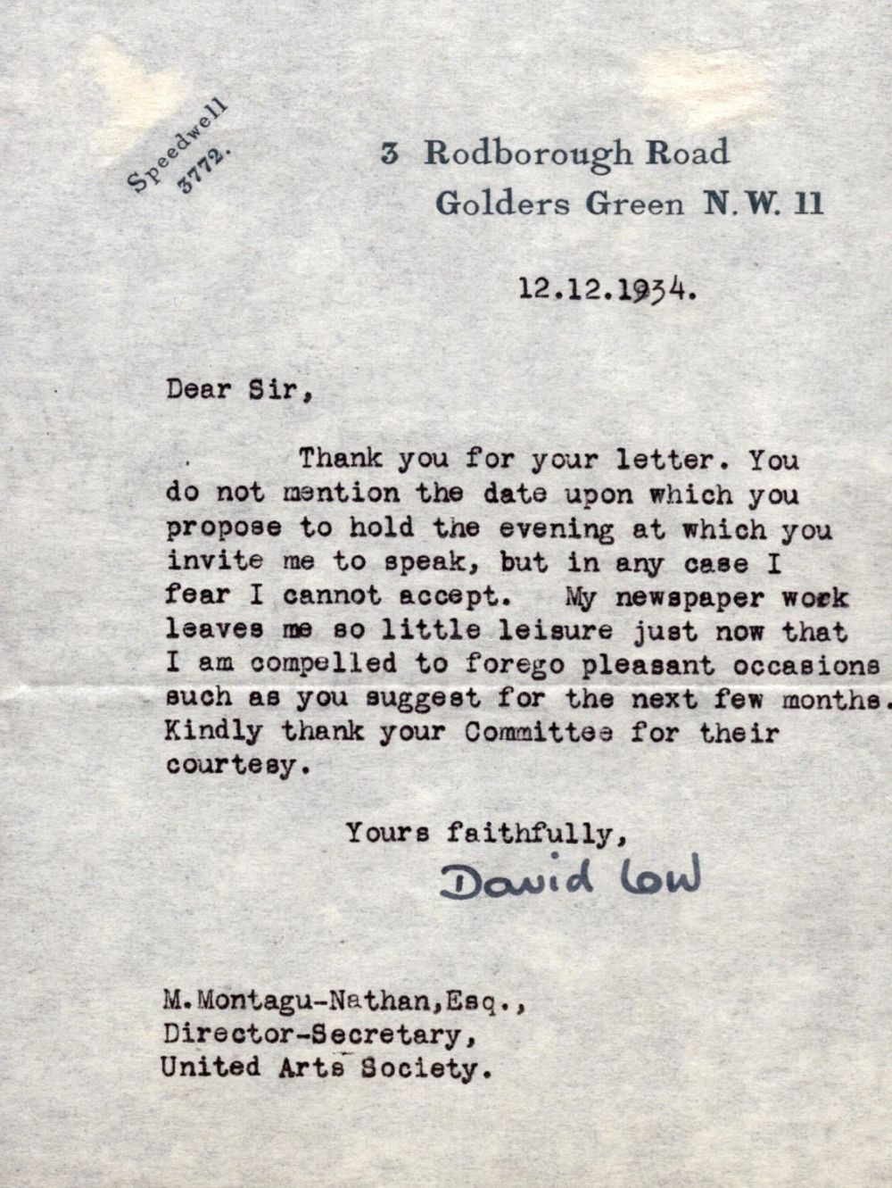 Lot 140: David Low TLS dated 12/12/1934. Good condition. All...