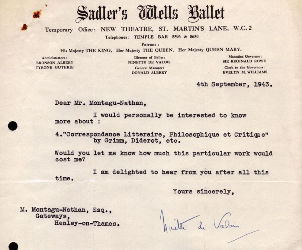 Lot 147: Ninette de Valois TLS dated 4/9/1943. Ballet dancer....
