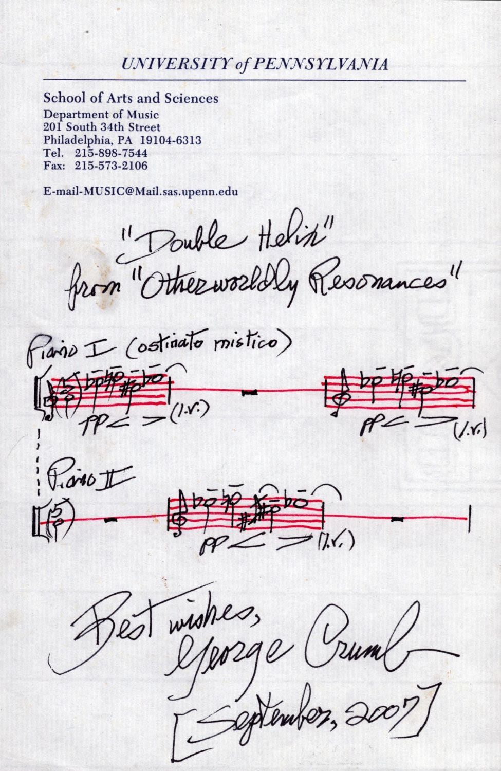 Lot 185: George Crumb signature piece. Composer. Good condition. All...