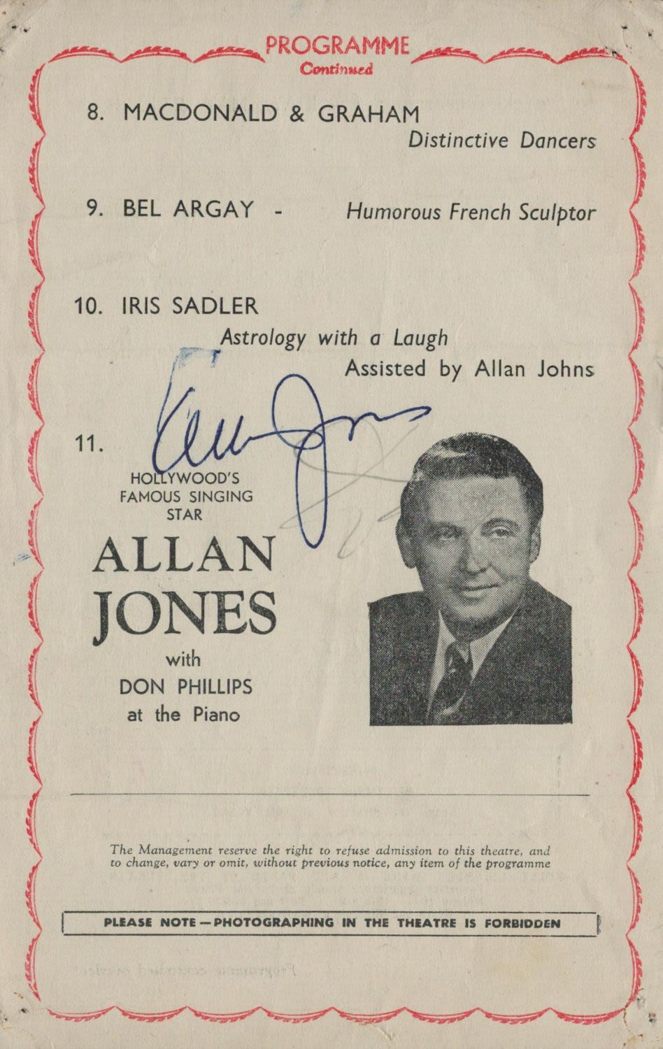 Lot 227: Allan Jones signed torn out page from theatre...