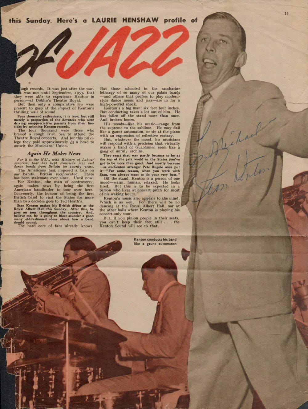 Lot 231: Stan Kenton signed newspaper cut out picture. 12x9...