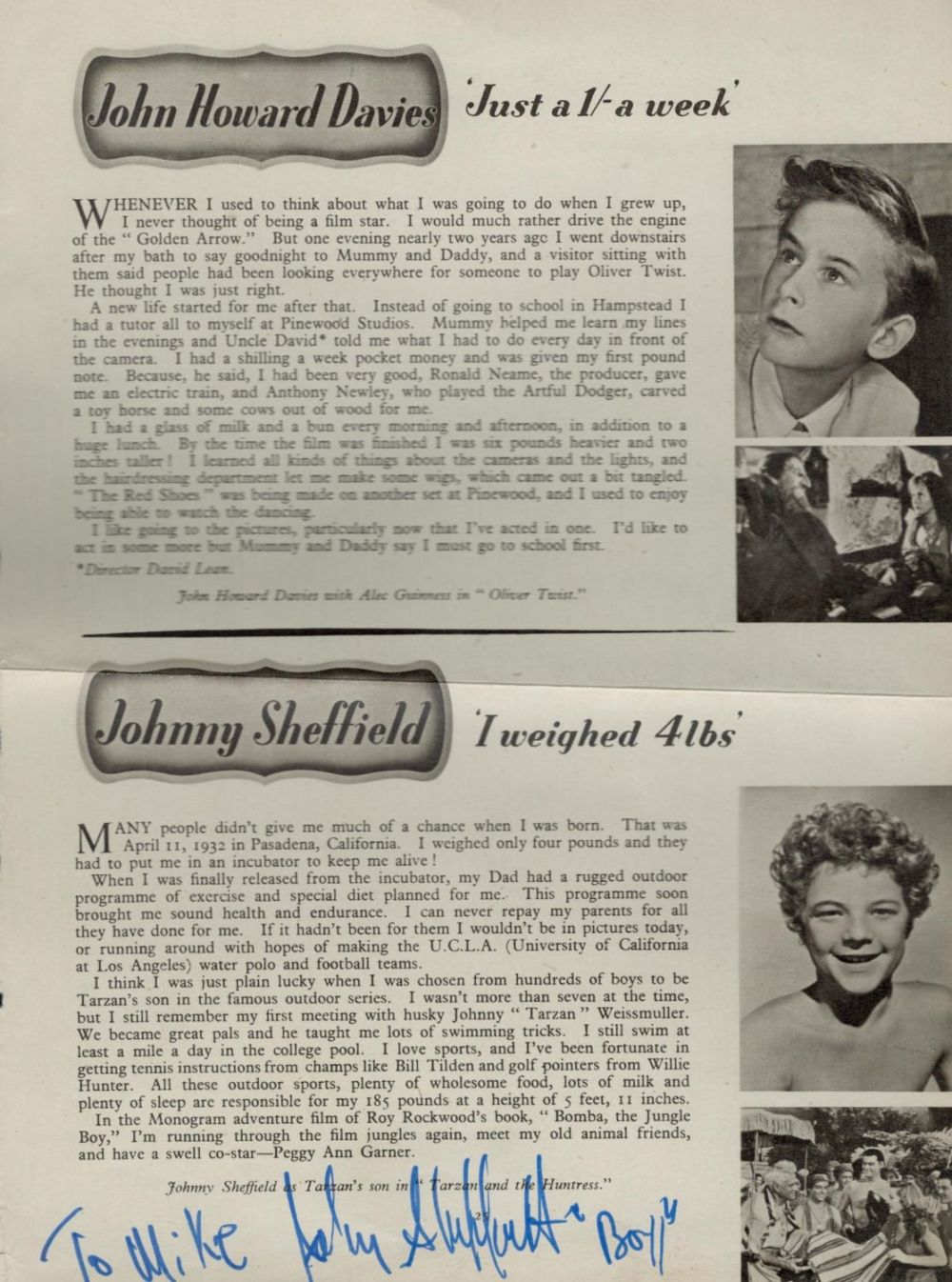 Lot 232: Johnny Sheffield signed magazine cut out page. Dedicated....