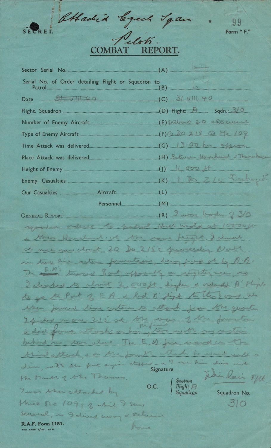Lot 395: WW2 Original Combat Report Squadron no. 310 year...