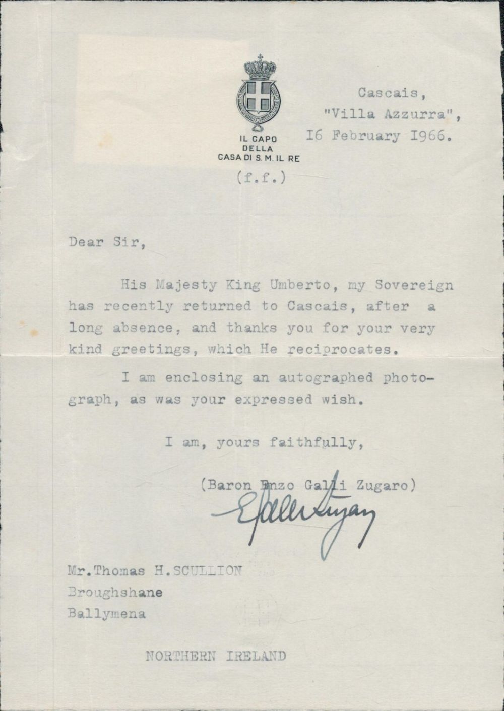 Lot 6: Historic. Enzo Barone Galli Zugaro Signed TLS Dated...