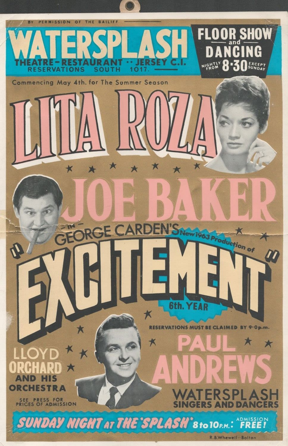 Lot 114: 1963 Watersplash Theatre Advertising Poster from Theatre-Restaurant, Jersey....