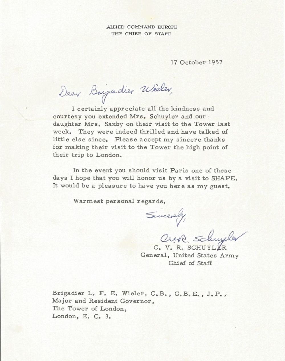 Lot 130: WW2 US General Cortlandt Schuyler typed signed letter...