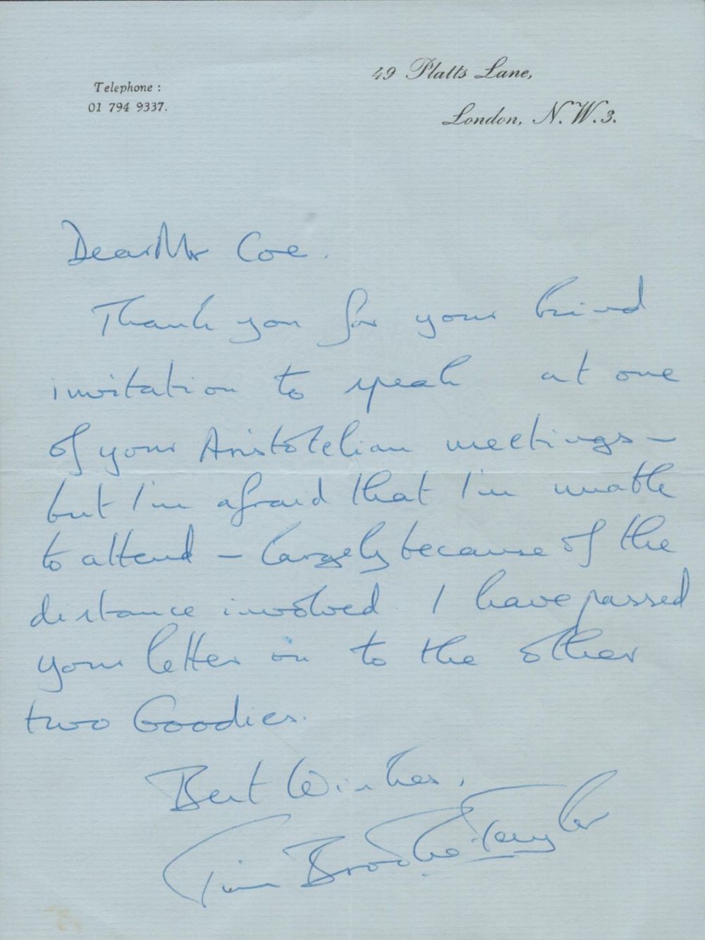 Lot 185: Tim Brooke Taylor ALS on personal note paper...