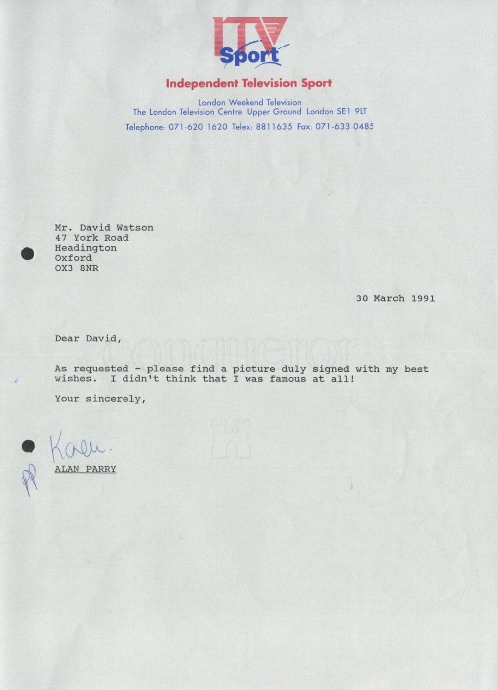 Lot 187: TV Commentators collection TLS from Brian Moore dated...