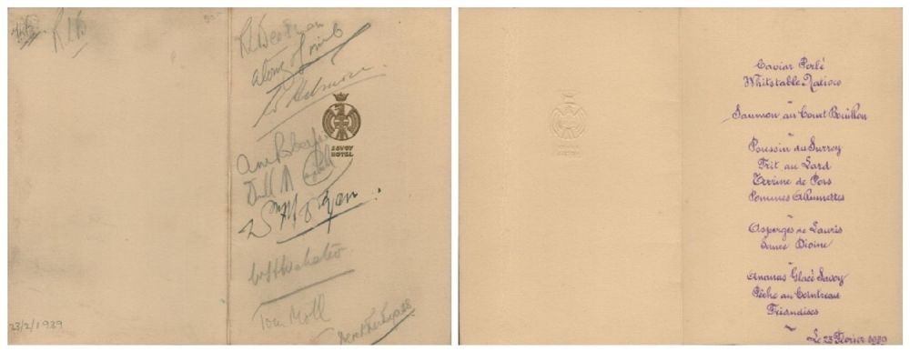 Lot 203: Donald Campbell signed small Savoy Hotel menu card...