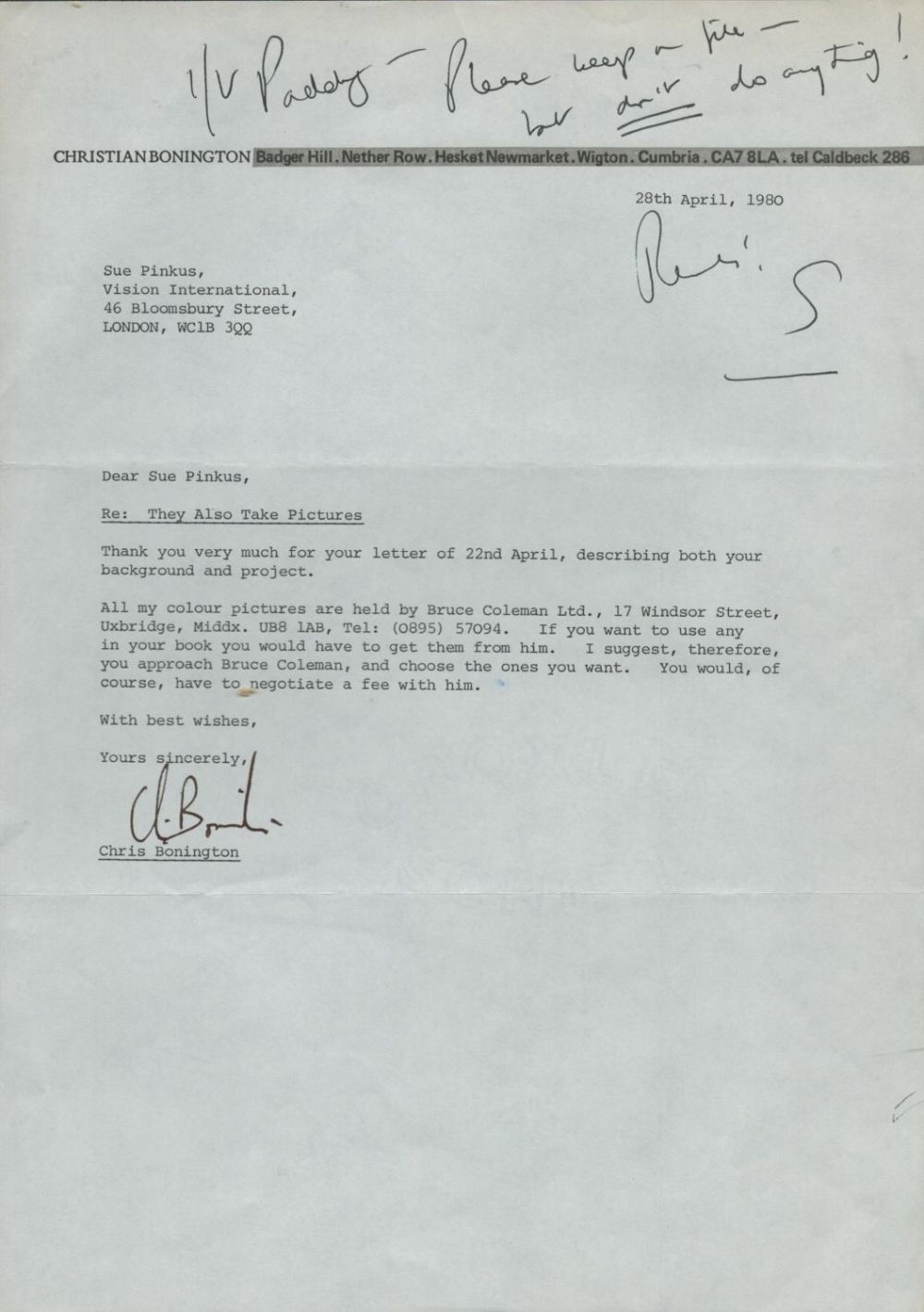 Lot 206: Chris Bonington signed TLS dated 28/4/80 on his...