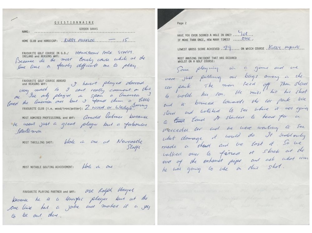 Lot 207: Gordon Banks unsigned interesting handwritten two page golf...