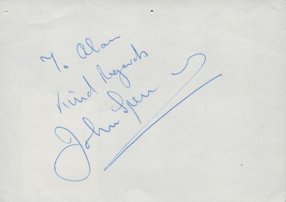 Lot 209: John Spencer signed Autograph card Approx. 5x3. 5...