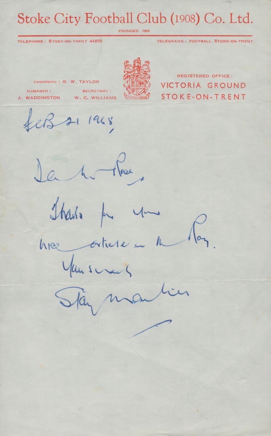 Lot 211: Stanley Matthews ALS short letter dated 21/2/1968 on...
