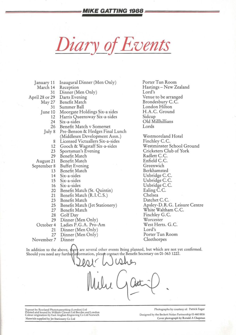 Lot 225: Cricket Mike Gatting signed Benefit 1988 programme signed...