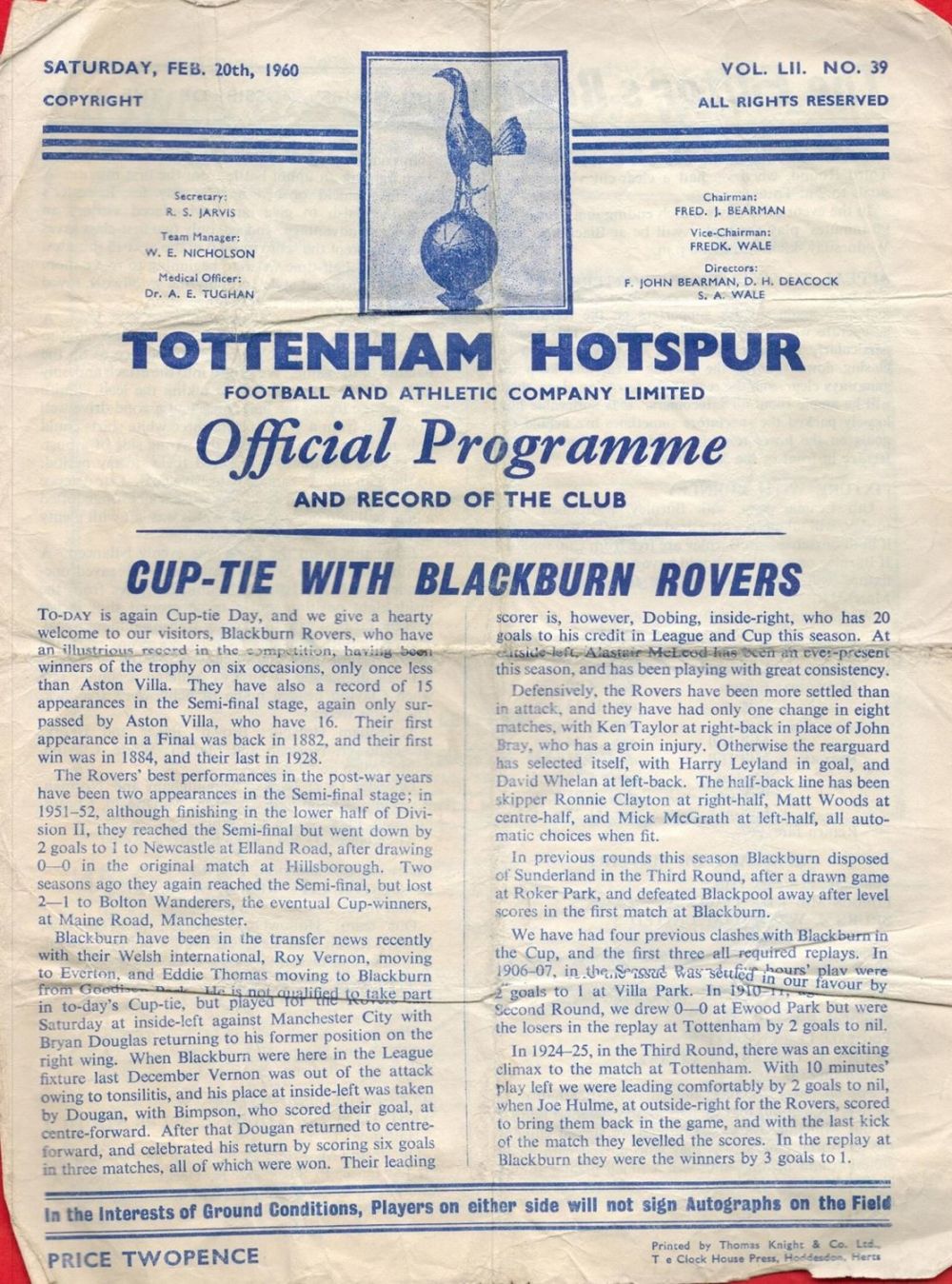 Lot 299: Tottenham Hotspurs FC Vintage Cup-Tie Programme Vs Blackburn...