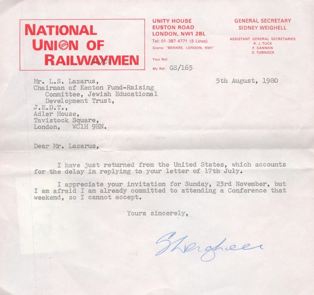 Lot 301: Sidney Weighell Signature on a Typed Letter Dated...