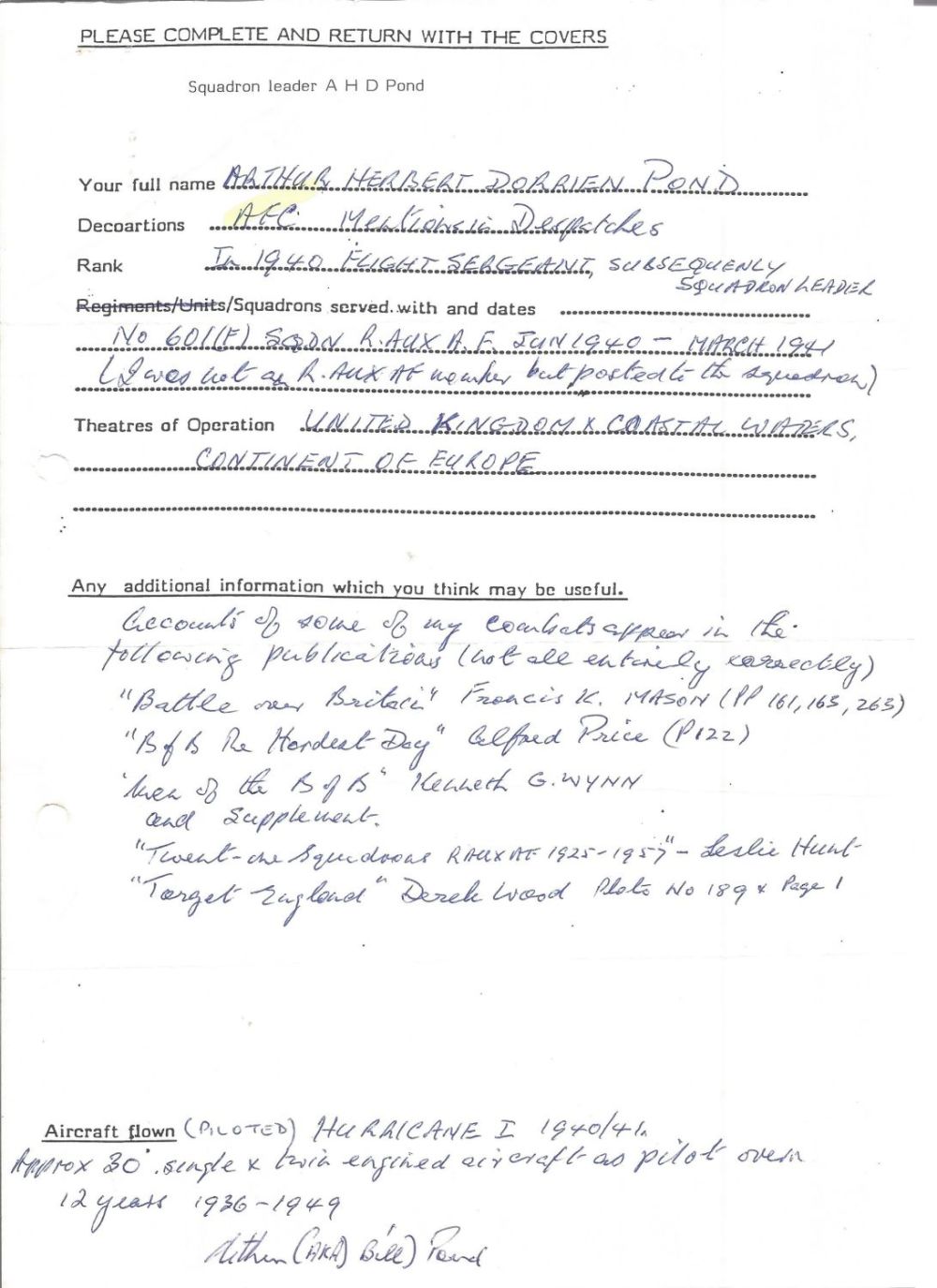 Lot 374: WW2 BOB fighter pilot Arthur Pond 601 sqn...