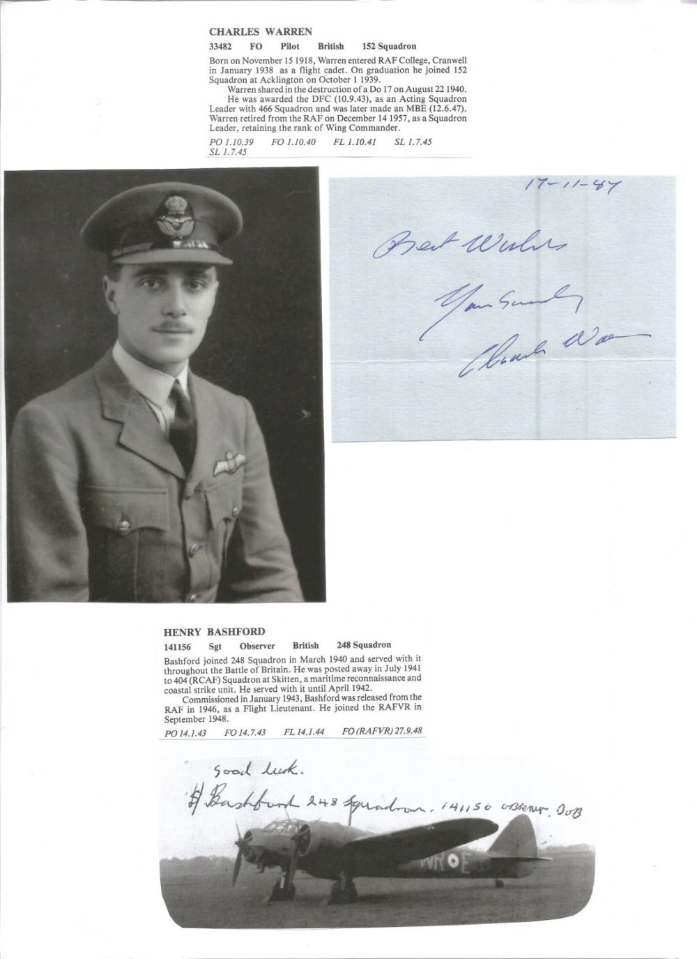 Lot 380: WW2 BOB fighter pilots Charles Warren 152 sqn,...