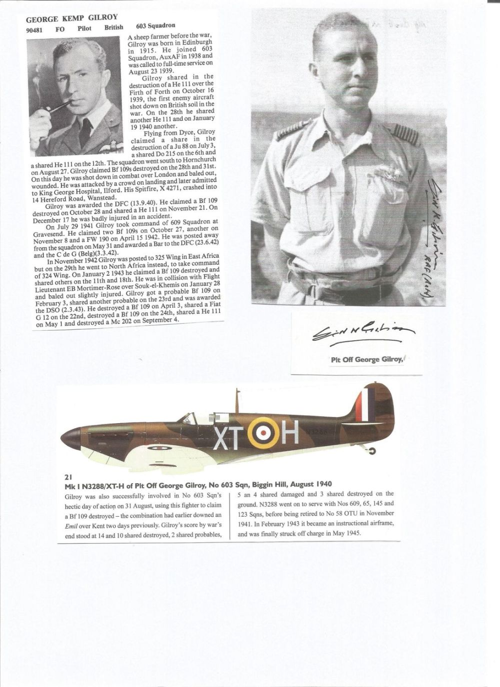 Lot 394: WW2 BOB fighter pilot George Gilroy 603 sqn...