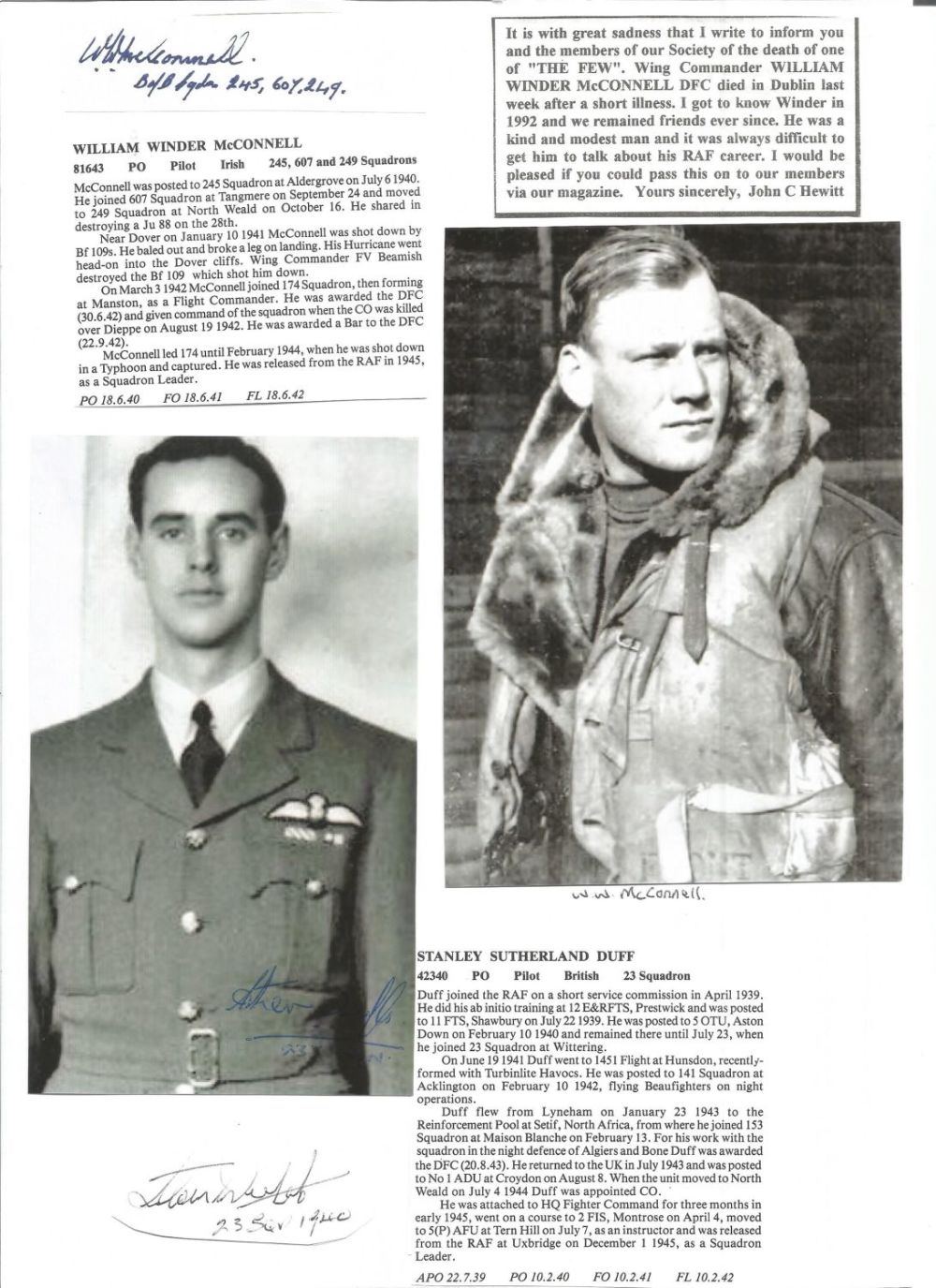 Lot 406: WW2 BOB fighter pilots William McConnell 245 sqn,...