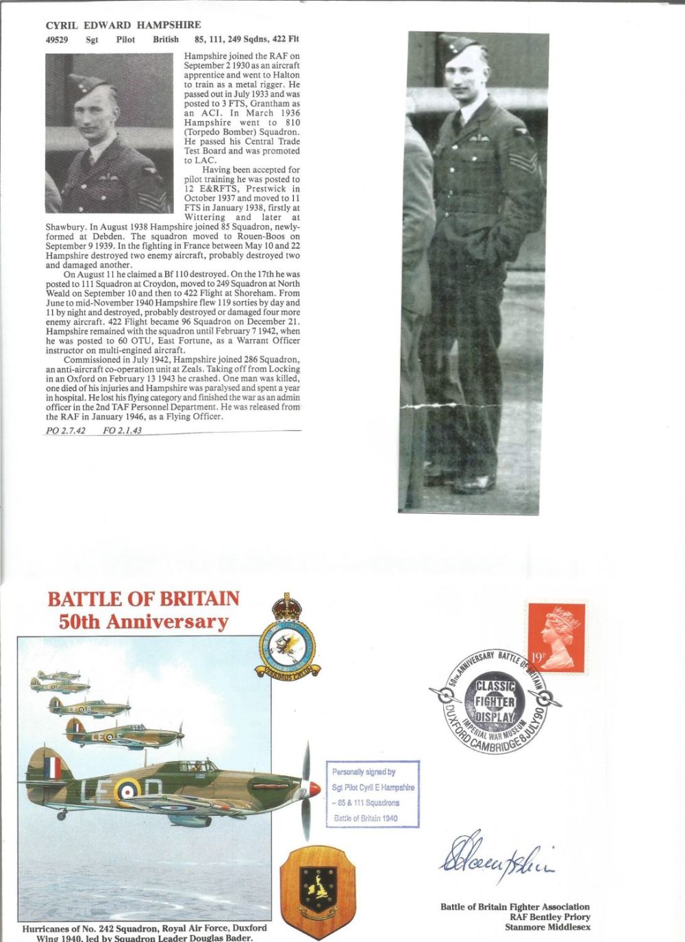 Lot 407: WW2 BOB fighter pilot Cyril Hampshire 85 sqn...