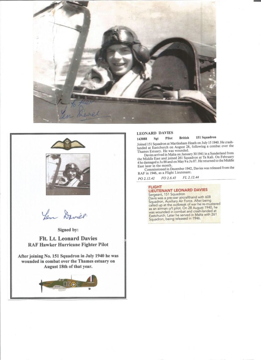 Lot 410: WW2 BOB fighter pilot Leonard Davies 151 sqn...