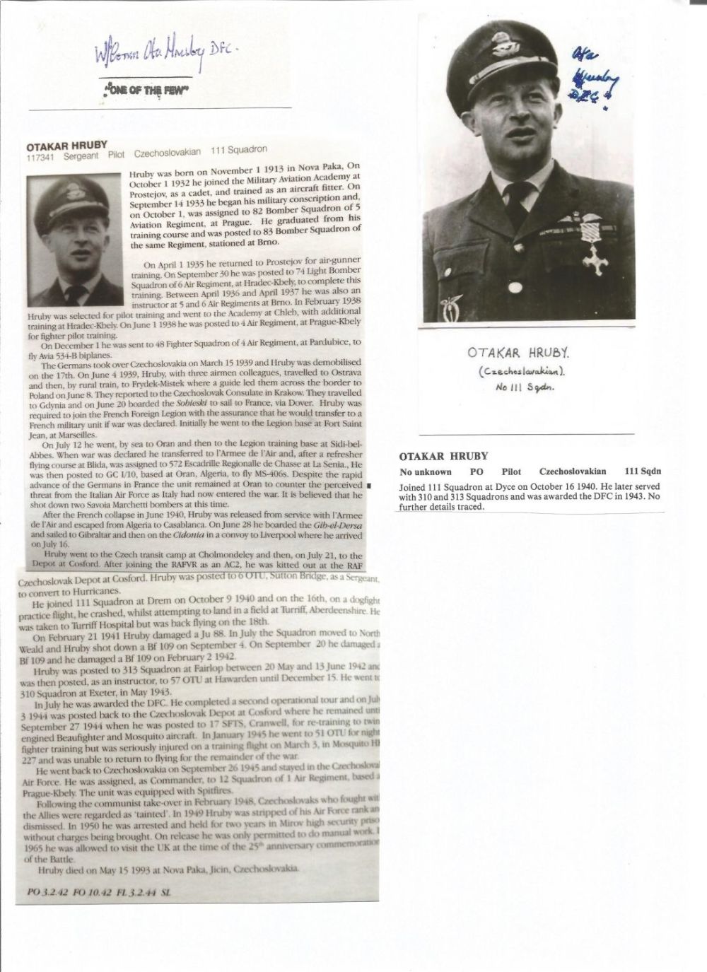 Lot 451: WW2 BOB fighter pilot Otakar Hruby 111 sqn...
