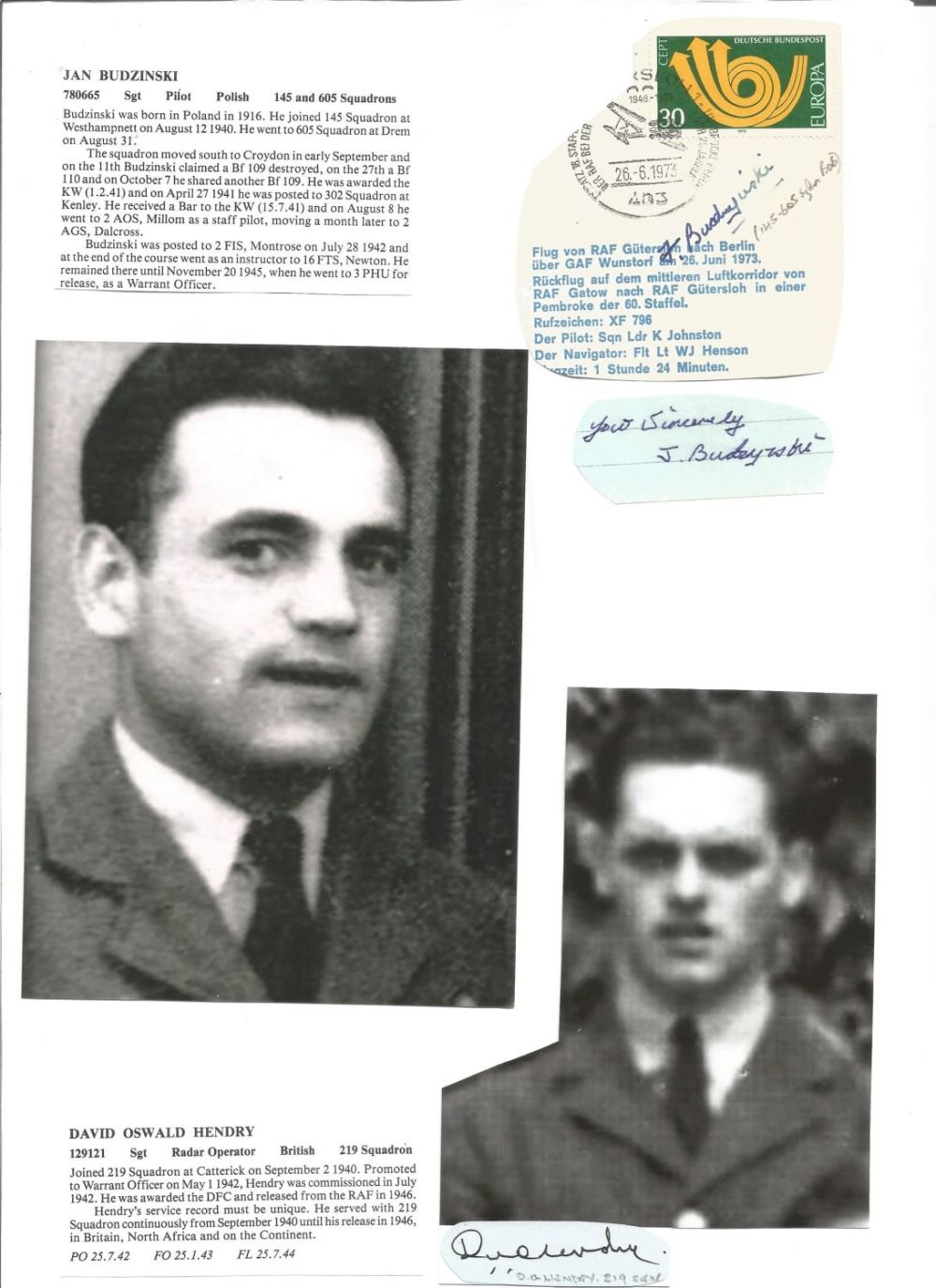 Lot 454: WW2 BOB fighter pilots Jan Budzinski 145 sqn,...
