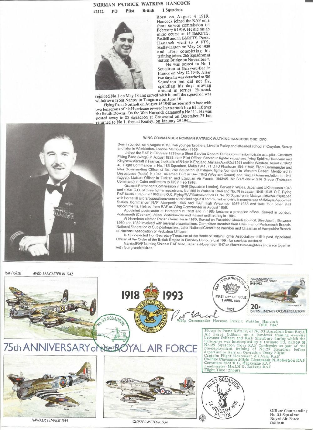 Lot 460: WW2 BOB fighter pilot Norman Hancock 1 sqn...