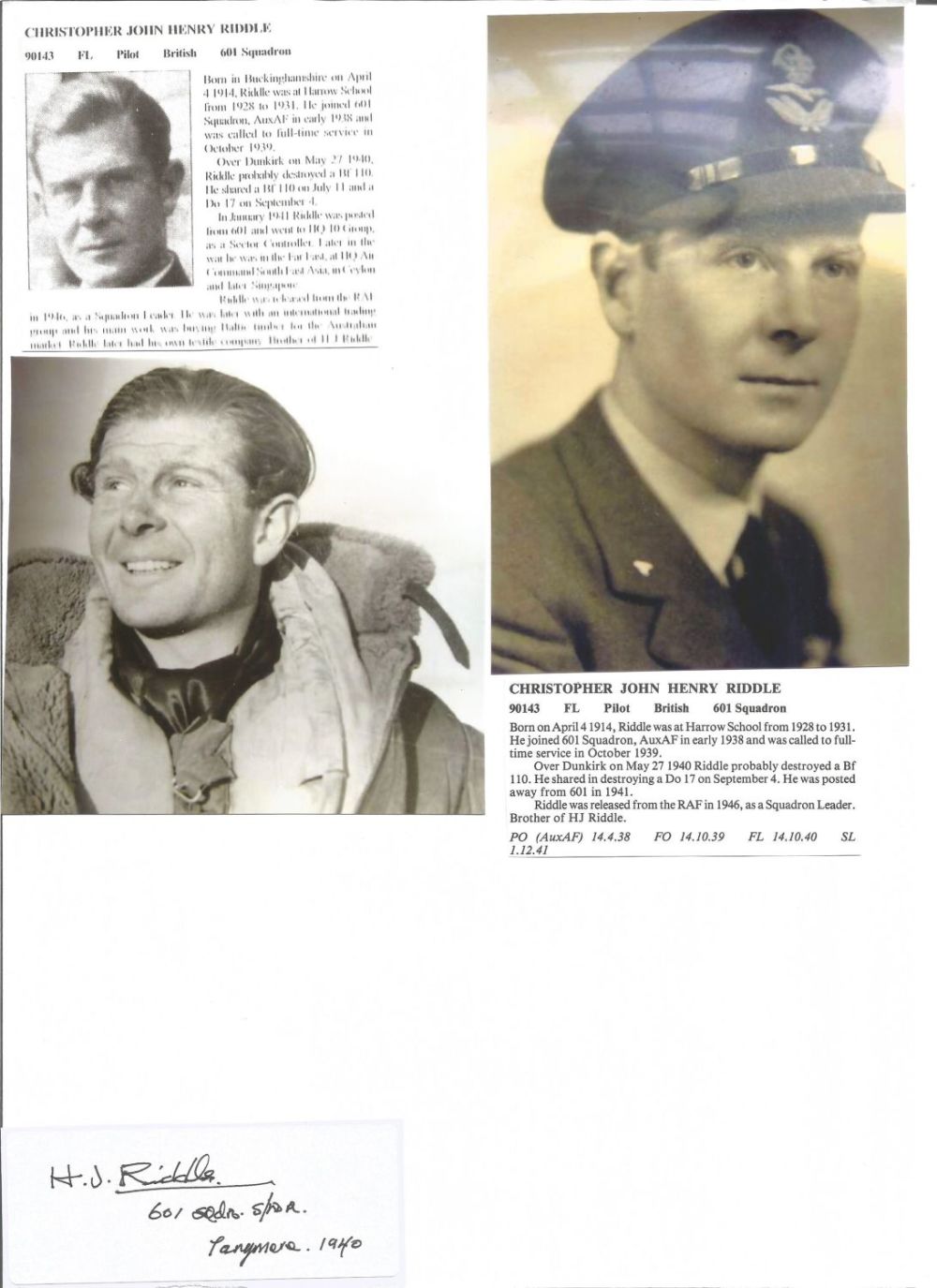 Lot 477: WW2 BOB fighter pilot Christopher Riddle 601 sqn...