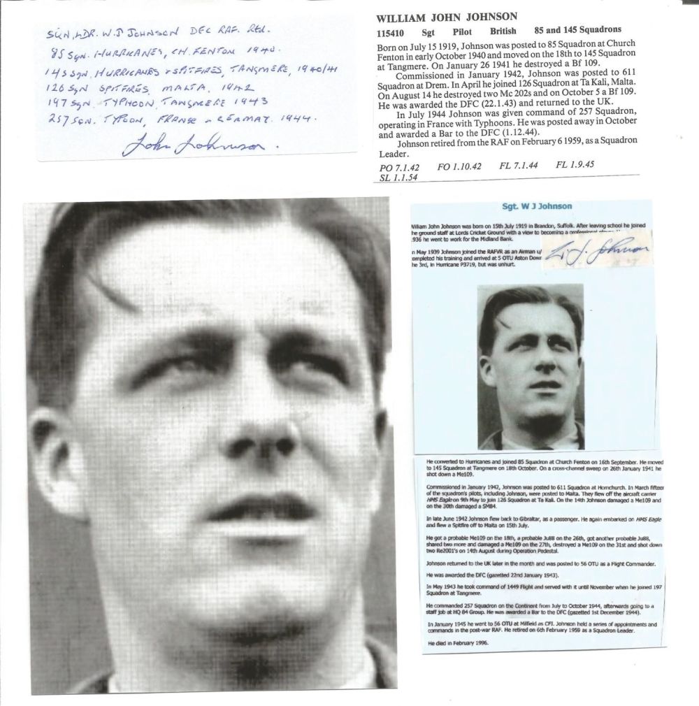 Lot 523: WW2 BOB fighter pilot William Johnson 85 sqnsignature...