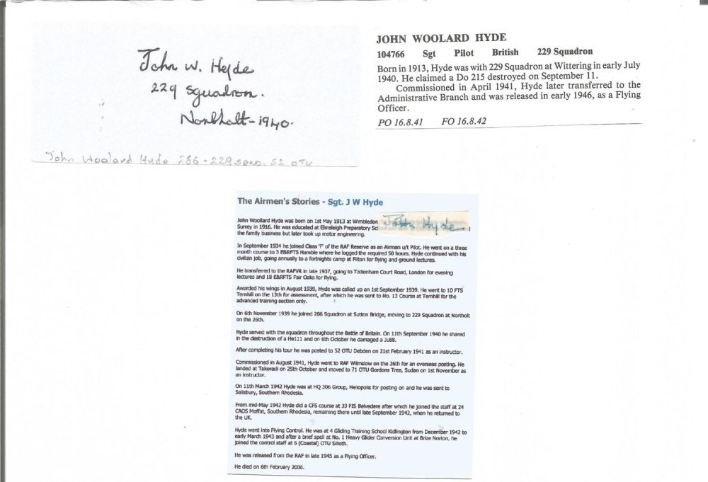 Lot 525: WW2 BOB fighter pilot John Hyde 229 sqn...