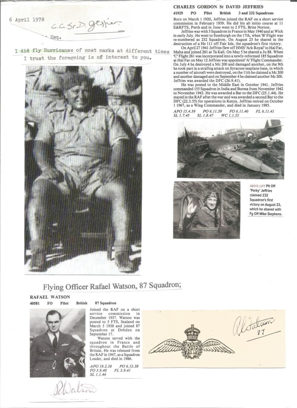 Lot 530: WW2 BOB fighter pilots Charles Jeffries 3 sqn,...