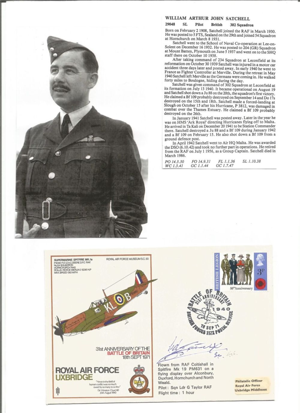 Lot 534: WW2 BOB fighter pilot Satchell, William 302 sqn...