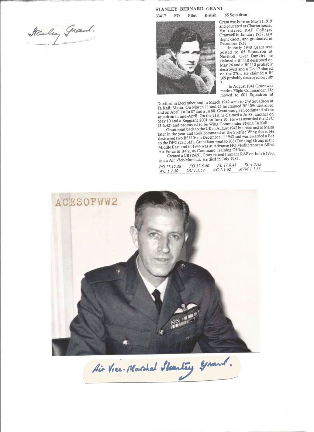 Lot 535: WW2 BOB fighter pilot Grant, Stanley 65 sqn...